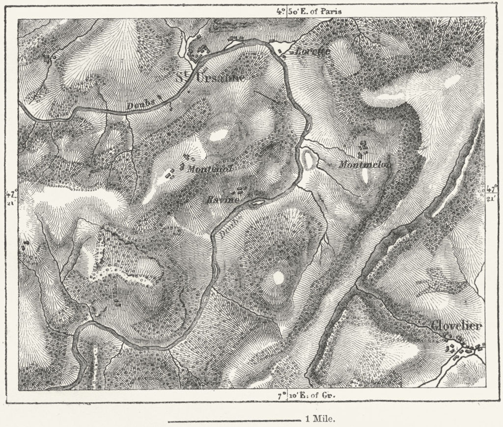 SWITZERLAND. River Doubs St Ursanne, sketch map c1885 old antique chart
