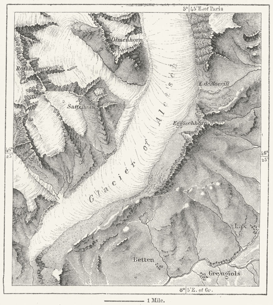 SWITZERLAND. Aletsch Glacier, sketch map c1885 old antique plan chart