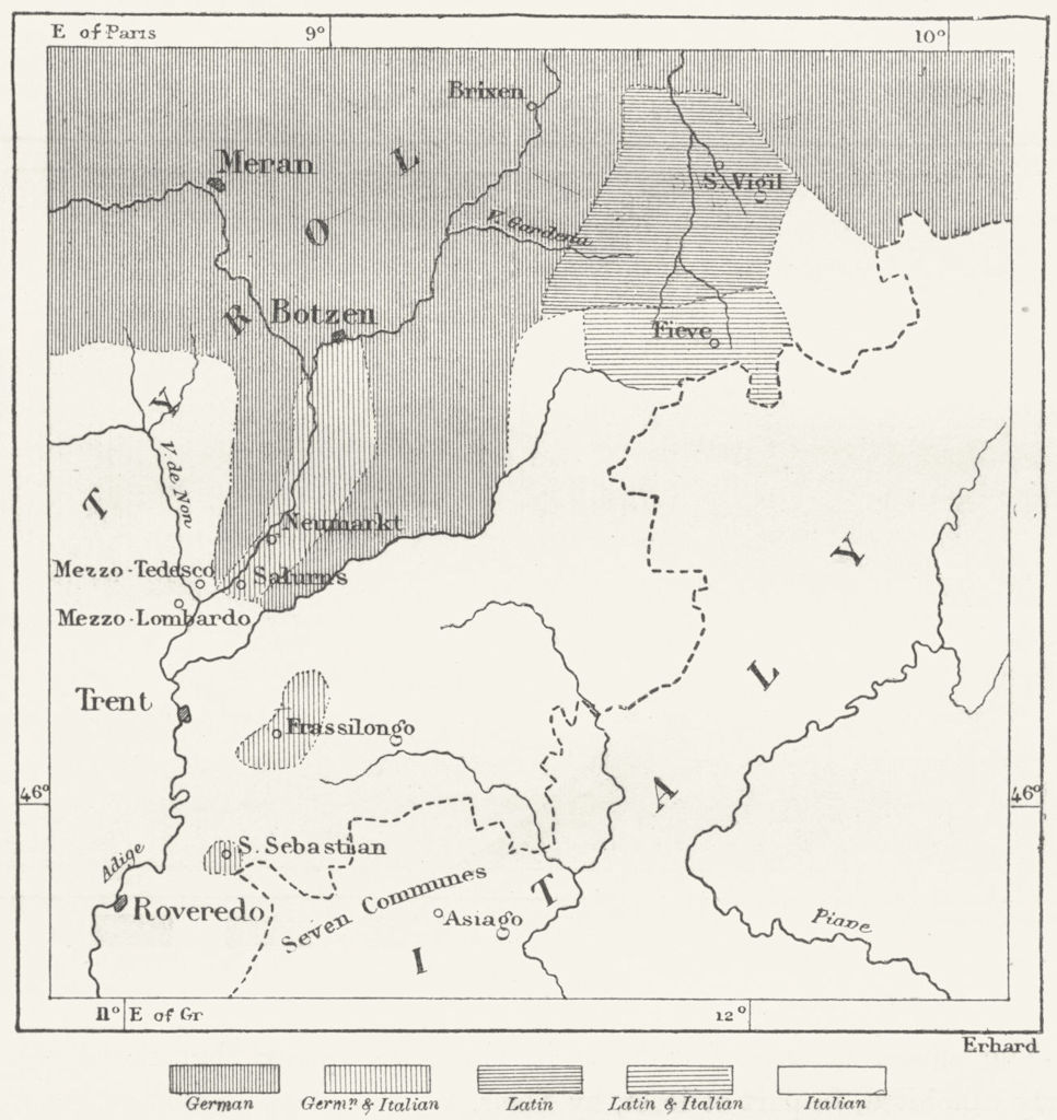 TYROL. Limit German Italian, Ficker Czoernig c1885 old antique map plan chart
