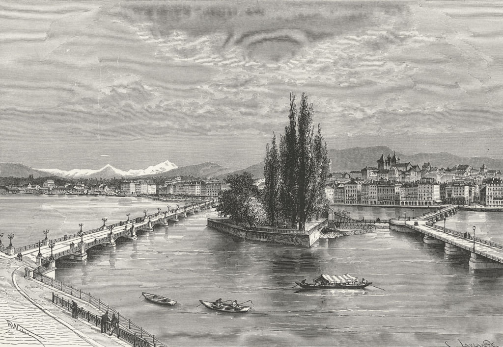 SWITZERLAND. Geneva(Mont Blanc) c1885 old antique vintage print picture
