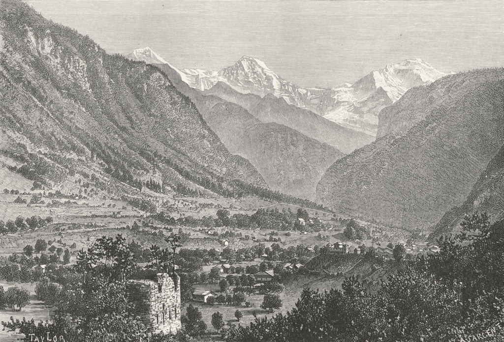 SWITZERLAND. Jungfrau, from Unspunnen Castle c1885 old antique print picture