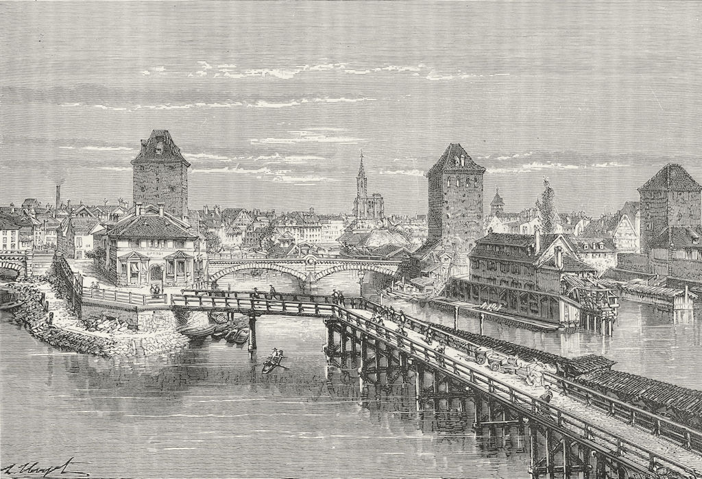 FRANCE. Strasbourg, Covered bridge c1885 old antique vintage print picture