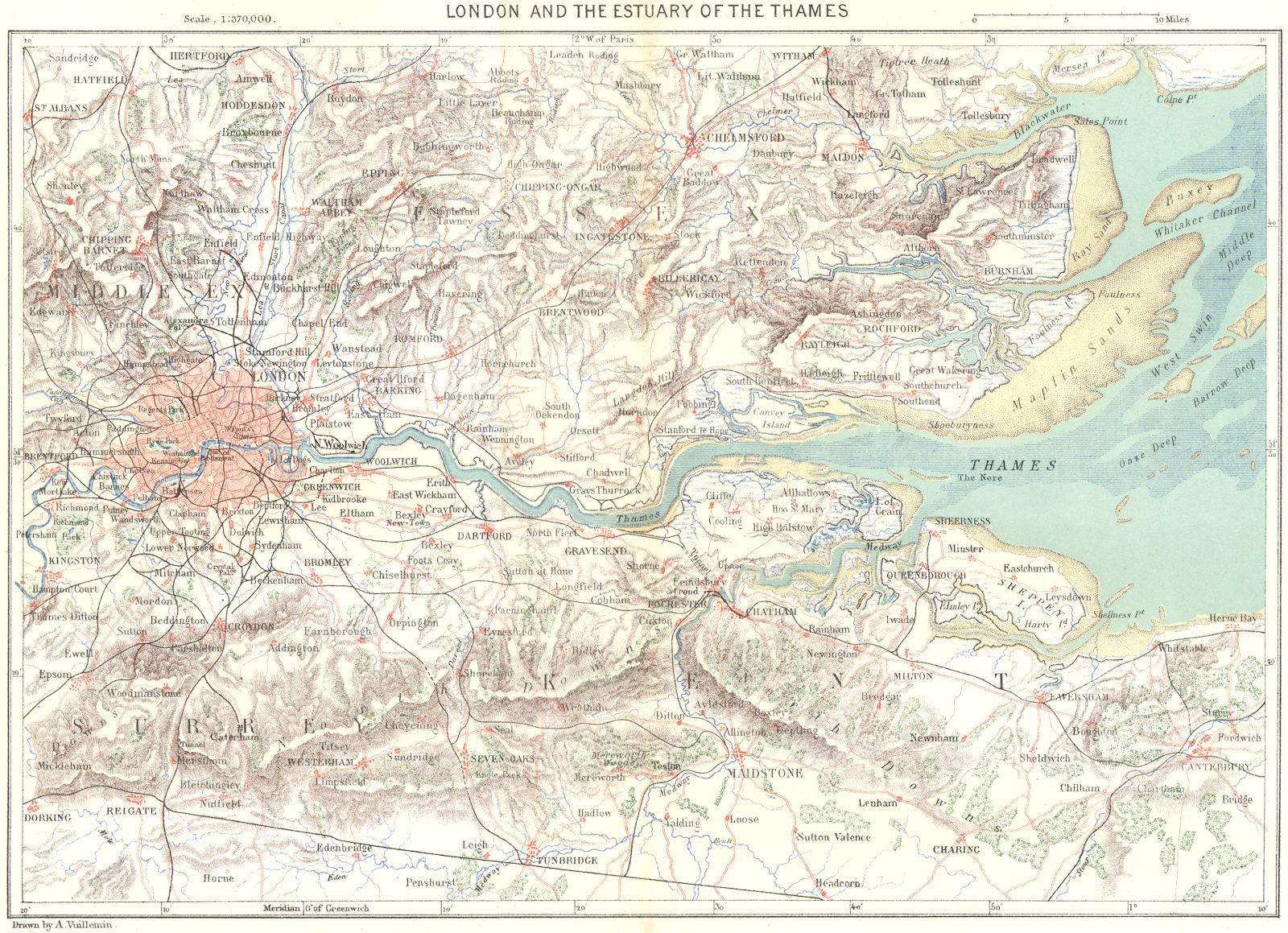 LONDON. & Estuary of Thames c1885 old antique vintage map plan chart