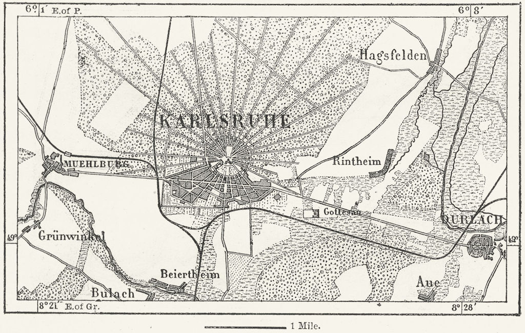 GERMANY. Karlsruhe, sketch map c1885 old antique vintage plan chart