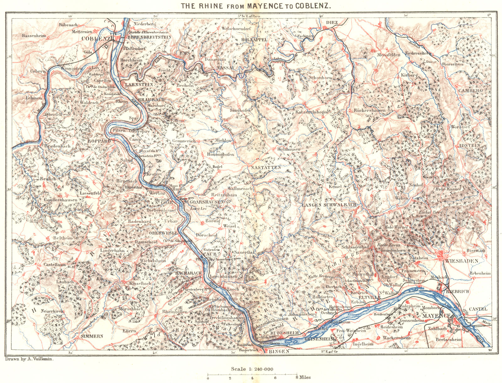 GERMANY. Rhine from Mainz to Coblenz c1885 old antique vintage map plan chart