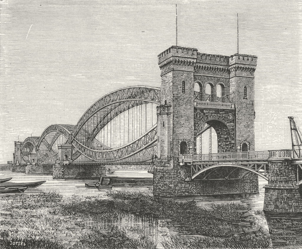 GERMANY. Rail bridge, Elbe, Harburg Hamburg c1885 old antique print picture