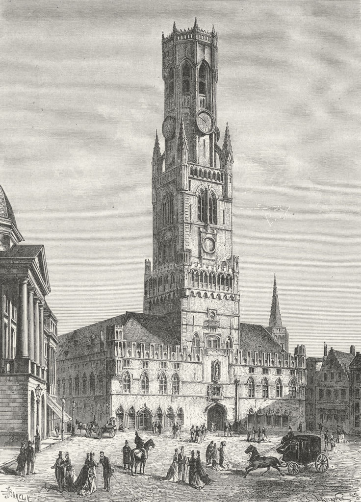 BELGIUM. Belfry of Brugge c1885 old antique vintage print picture