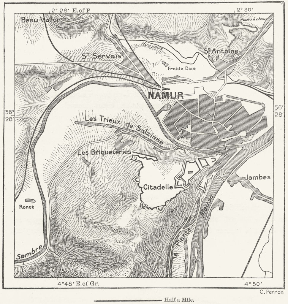NAMUR. Confluence Meuse Sambre, sketch map c1885 old antique plan chart