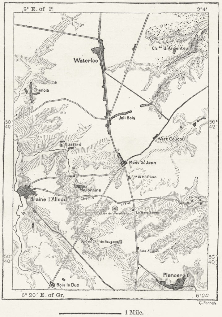 BELGIUM. Field of Waterloo, sketch map c1885 old antique plan chart