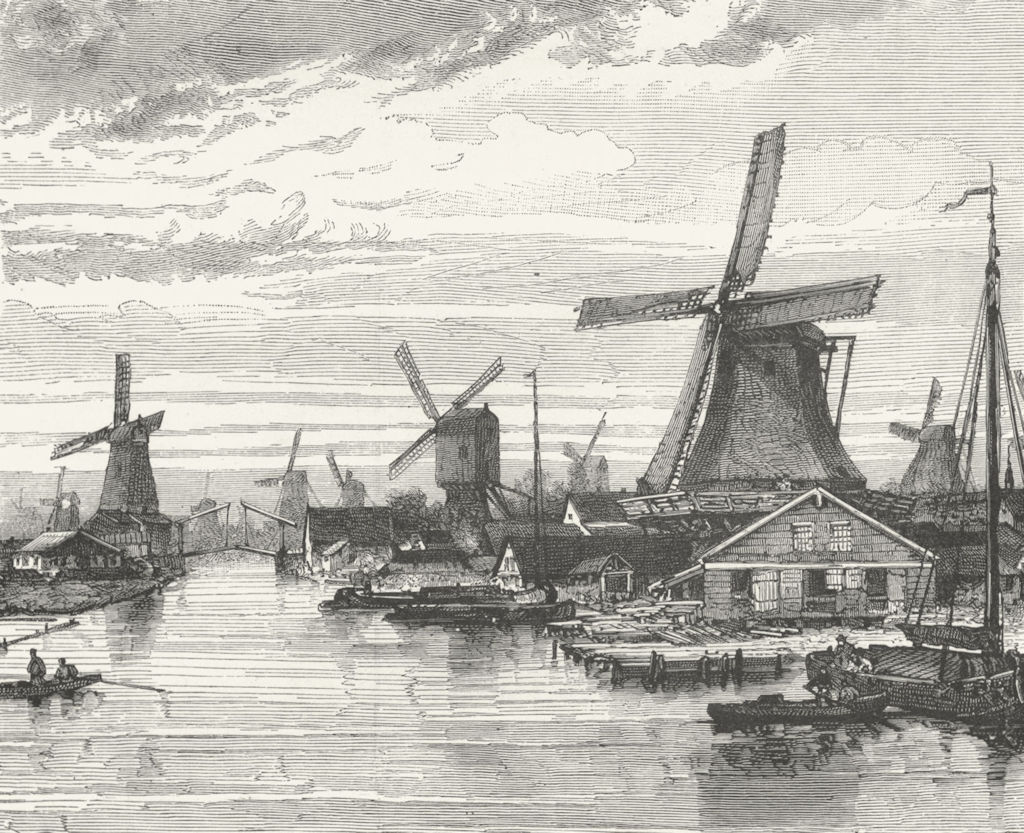 NETHERLANDS. Windmills at Zaandam c1885 old antique vintage print picture