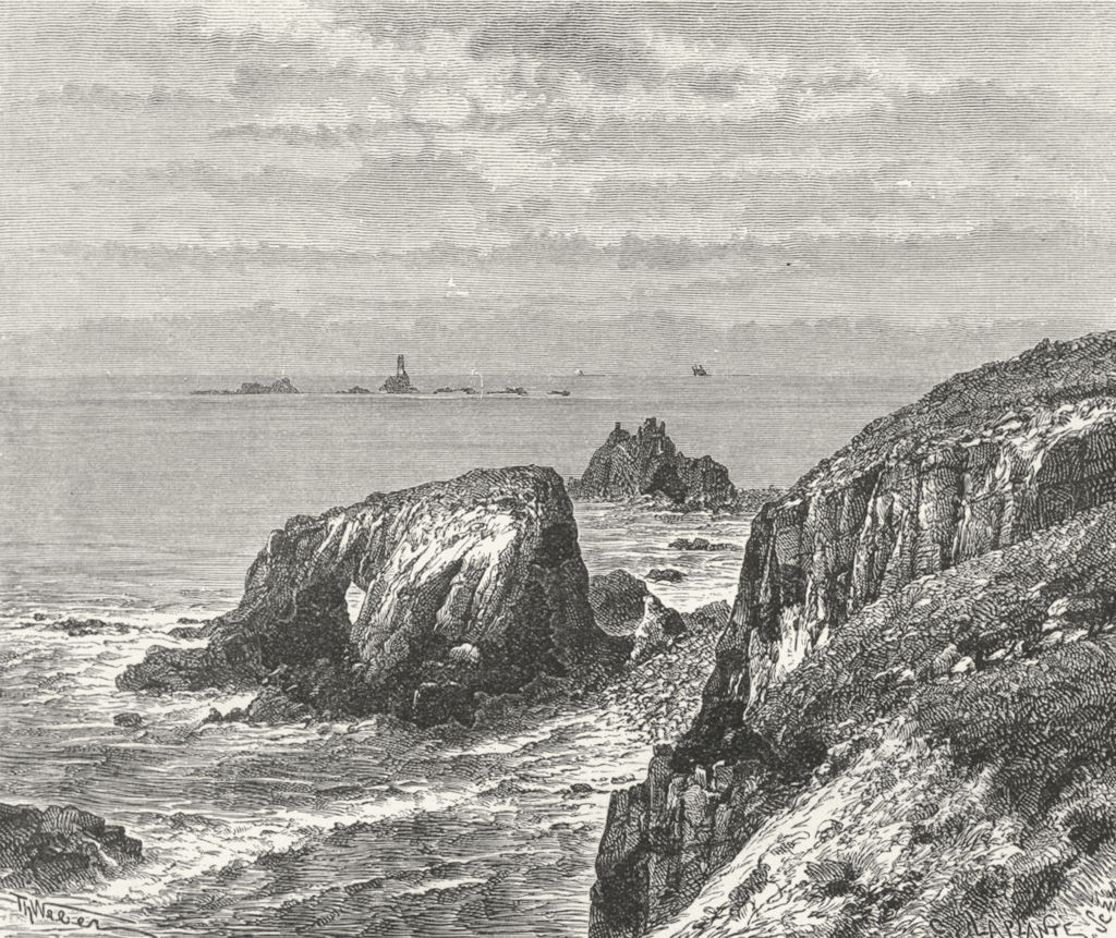 Associate Product CORNWALL. Land's end & Longships Lighthouse c1885 old antique print picture