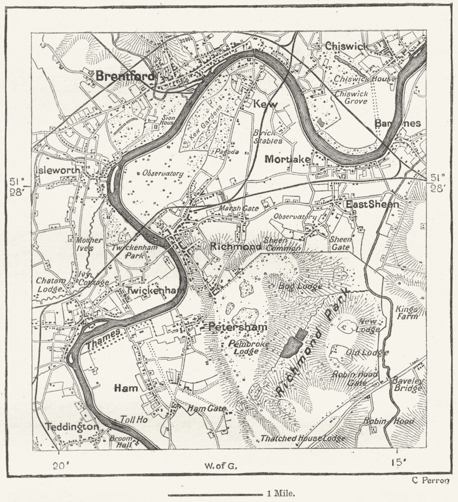 LONDON. Kew & Richmond, sketch map c1885 old antique vintage plan chart