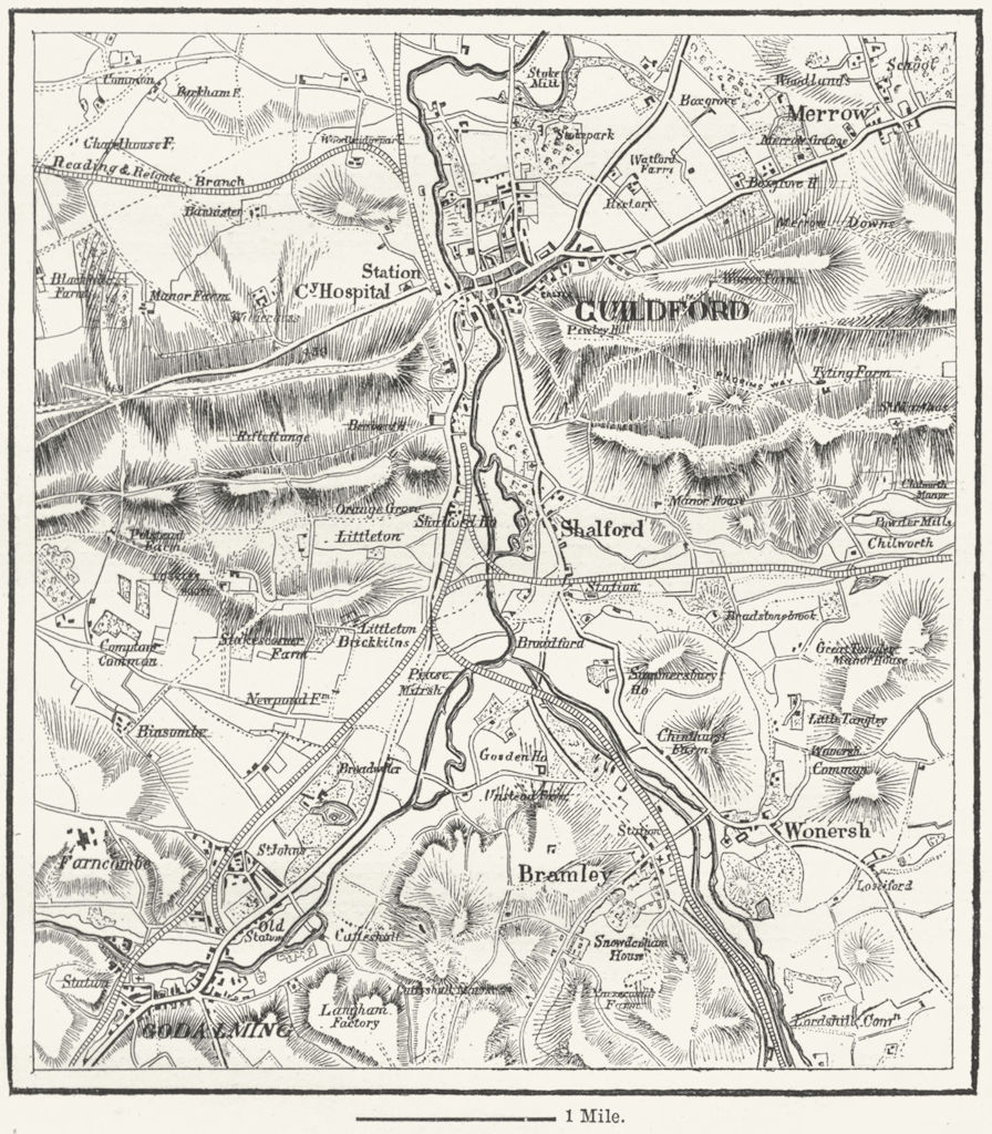 SURREY. Guildford & Godalming, sketch map c1885 old antique plan chart