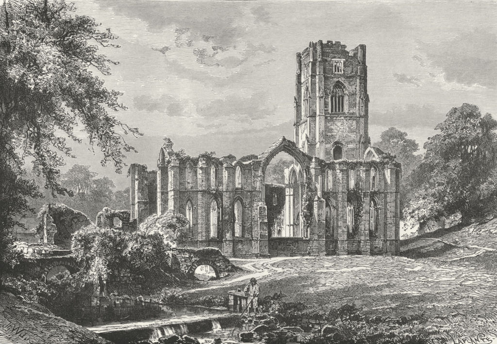 YORKS. Ruins, Fountains Abbey c1885 old antique vintage print picture