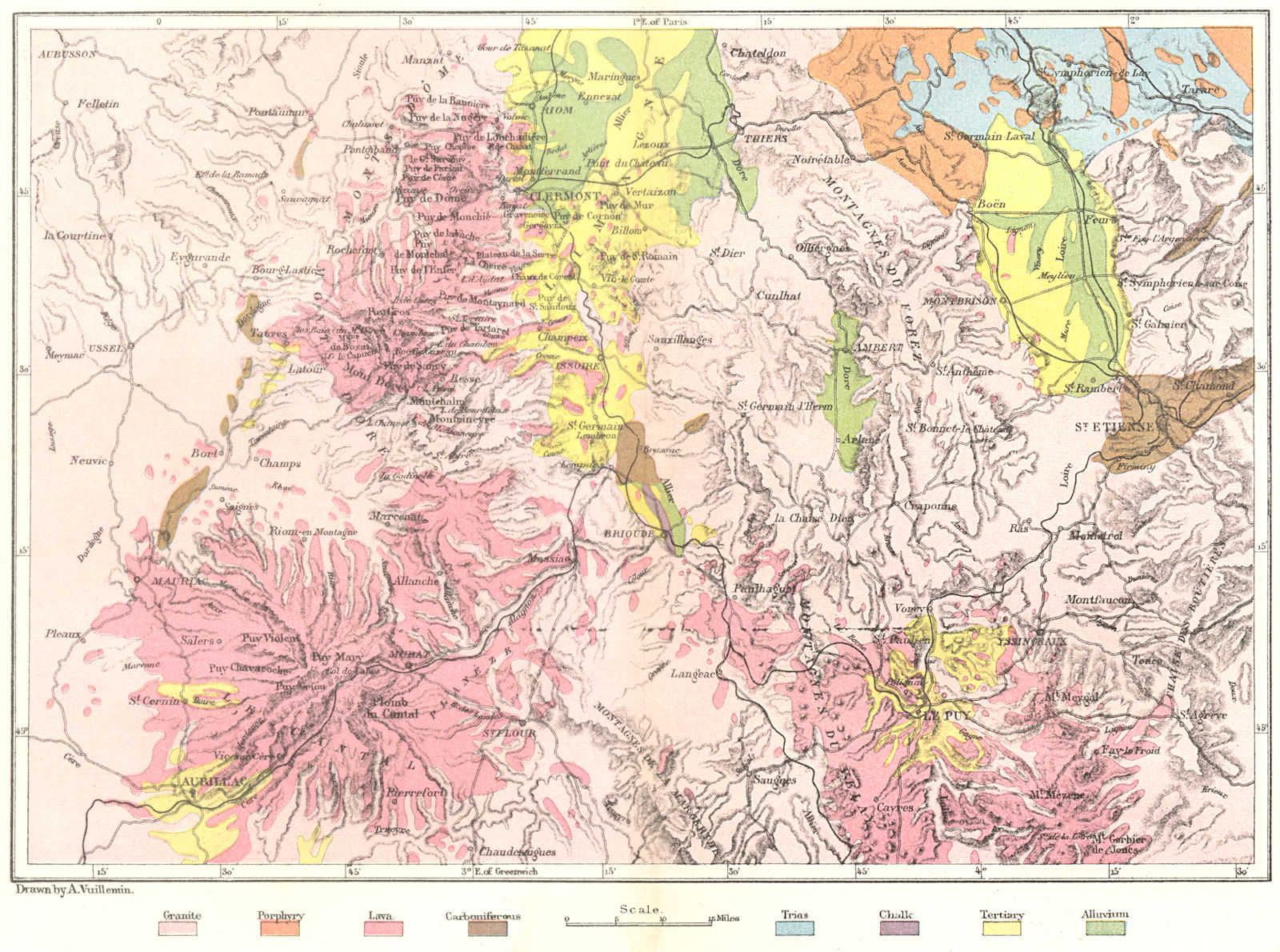 Associate Product CENTRAL FRANCE. Volcanoes of, Geological c1885 old antique map plan chart