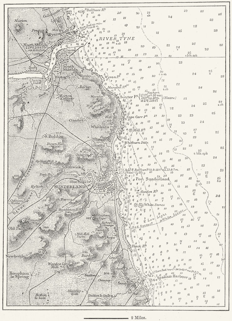 DURHAM. Coast Sunderland Tyne, sketch map c1885 old antique plan chart