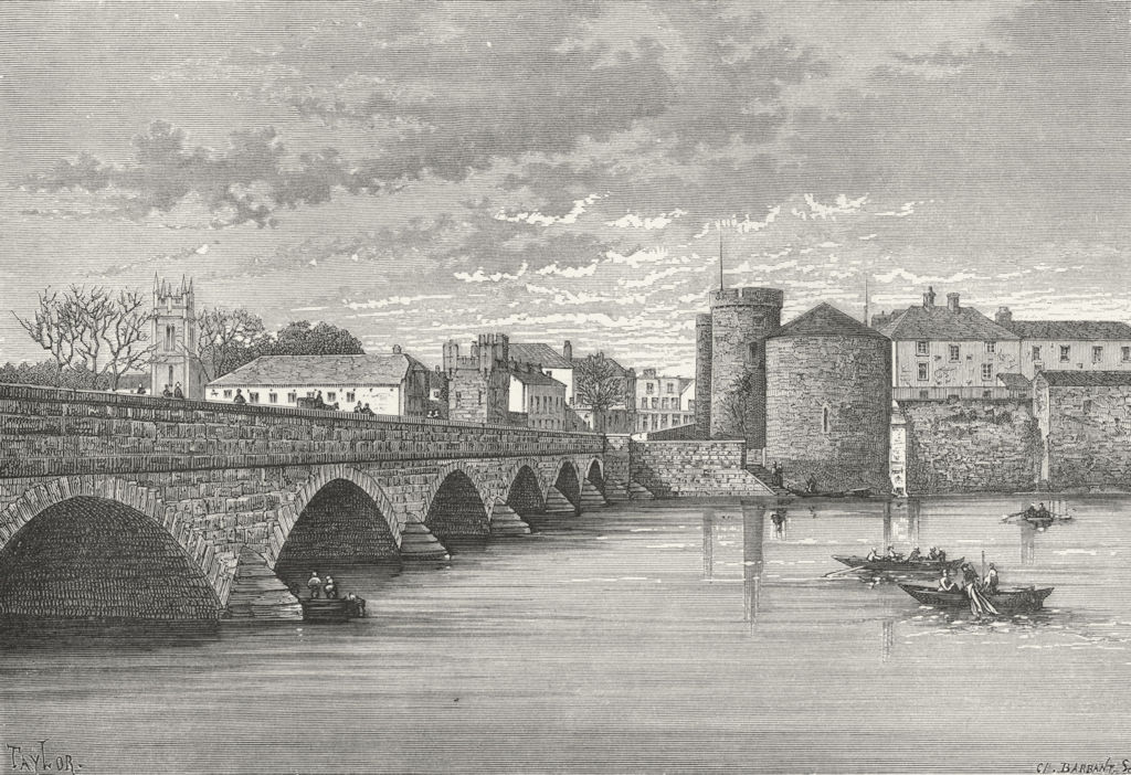 LIMERICK. Thomond's bridge & King John's Castle c1885 old antique print