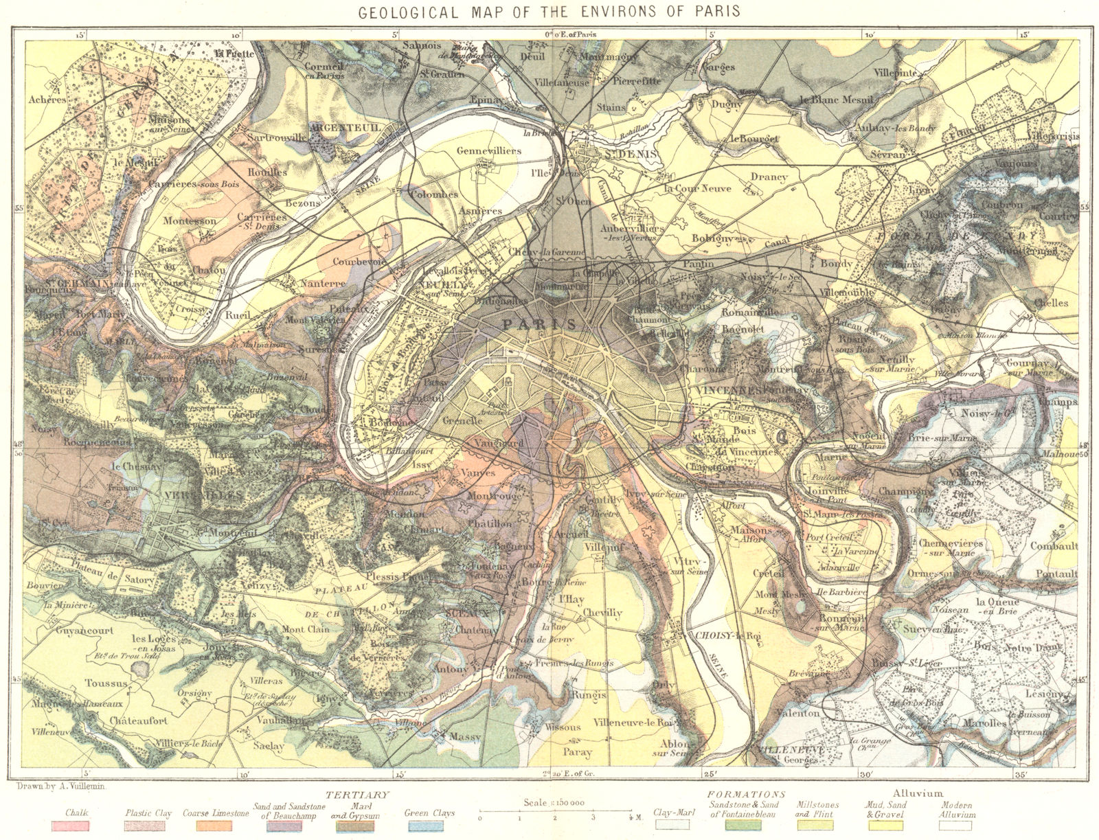 FRANCE. Geological area of Paris c1885 old antique vintage map plan chart