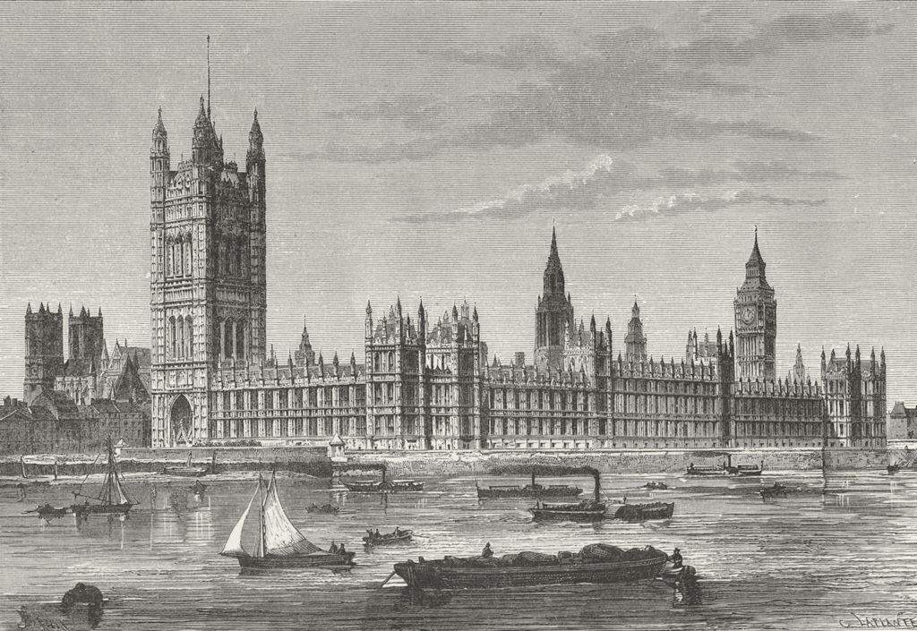 Associate Product LONDON. Houses of Parliament, from Lambeth c1885 old antique print picture