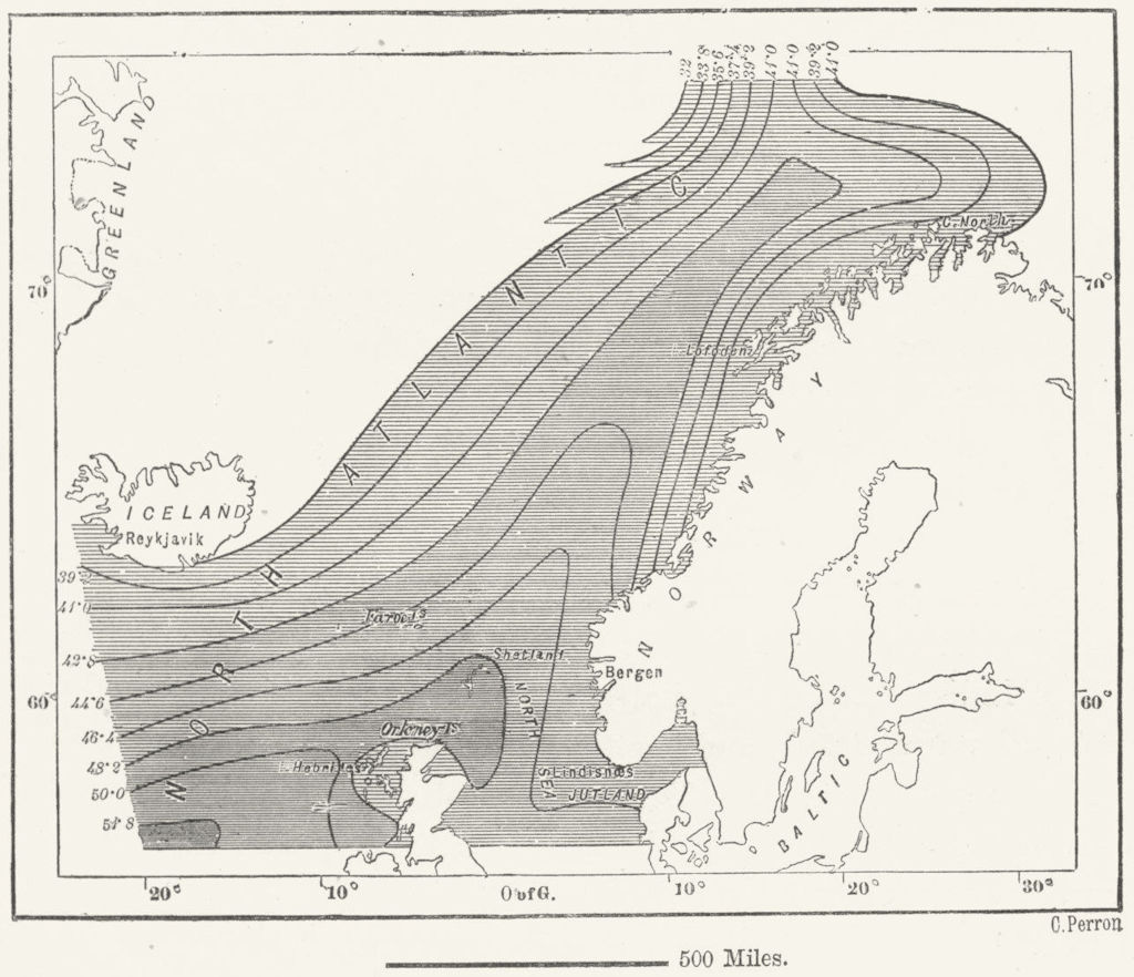 ATLANTIC. Isothermal Lines, NE, Mohn, sketch map c1885 old antique chart