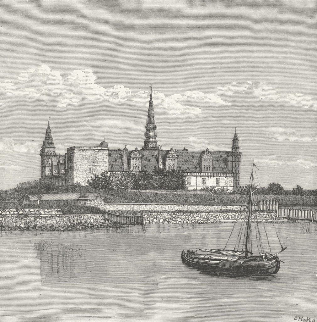 DENMARK. Kronborg Castle, Sound c1885 old antique vintage print picture