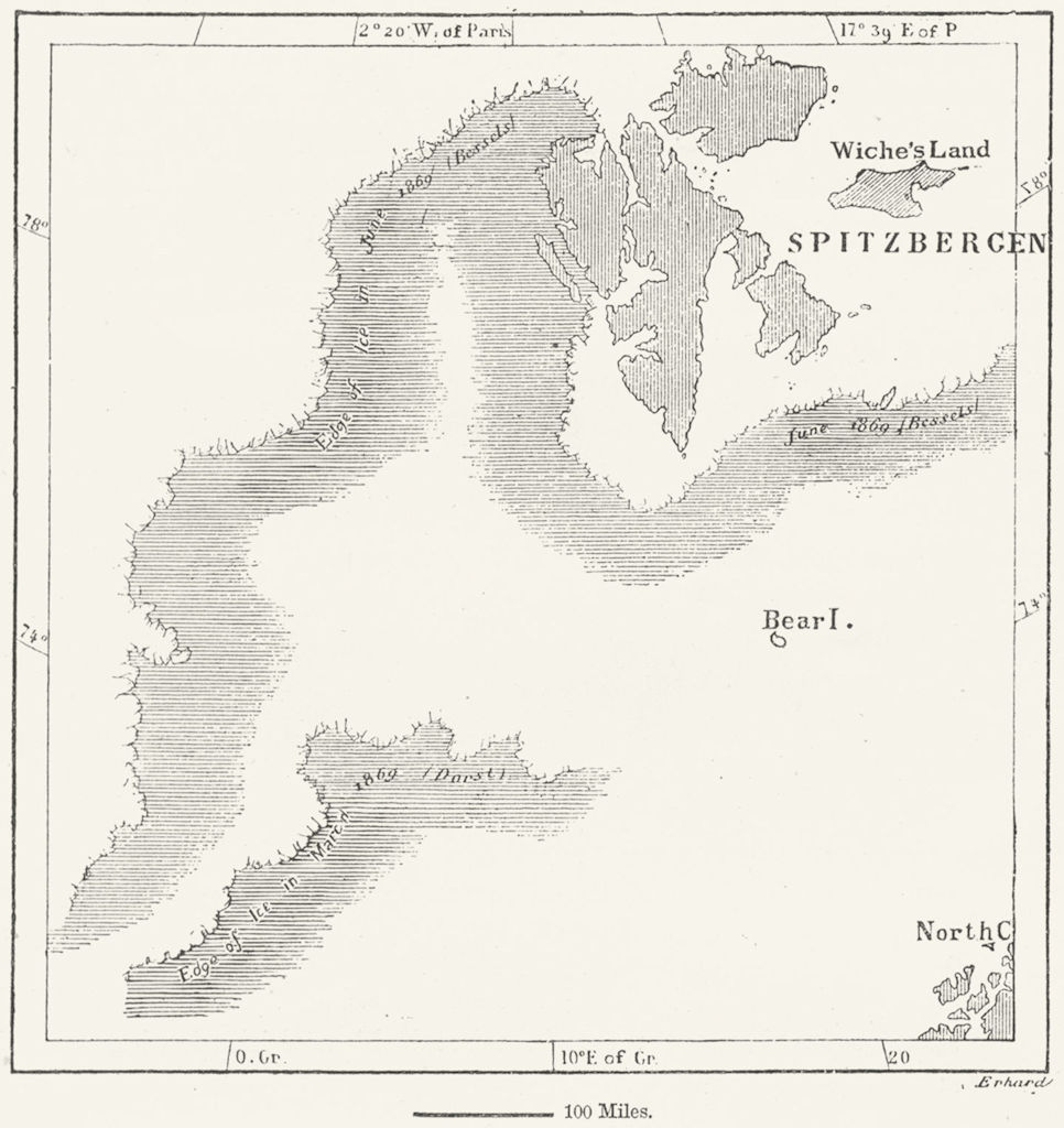 Associate Product SPITSBERGEN. Ice Fields in 1869, sketch map c1885 old antique plan chart