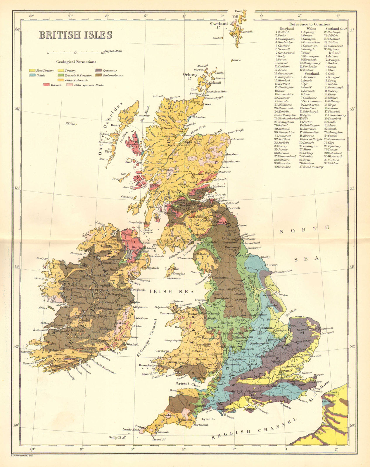 UK. British Isles geological c1885 old antique vintage map plan chart