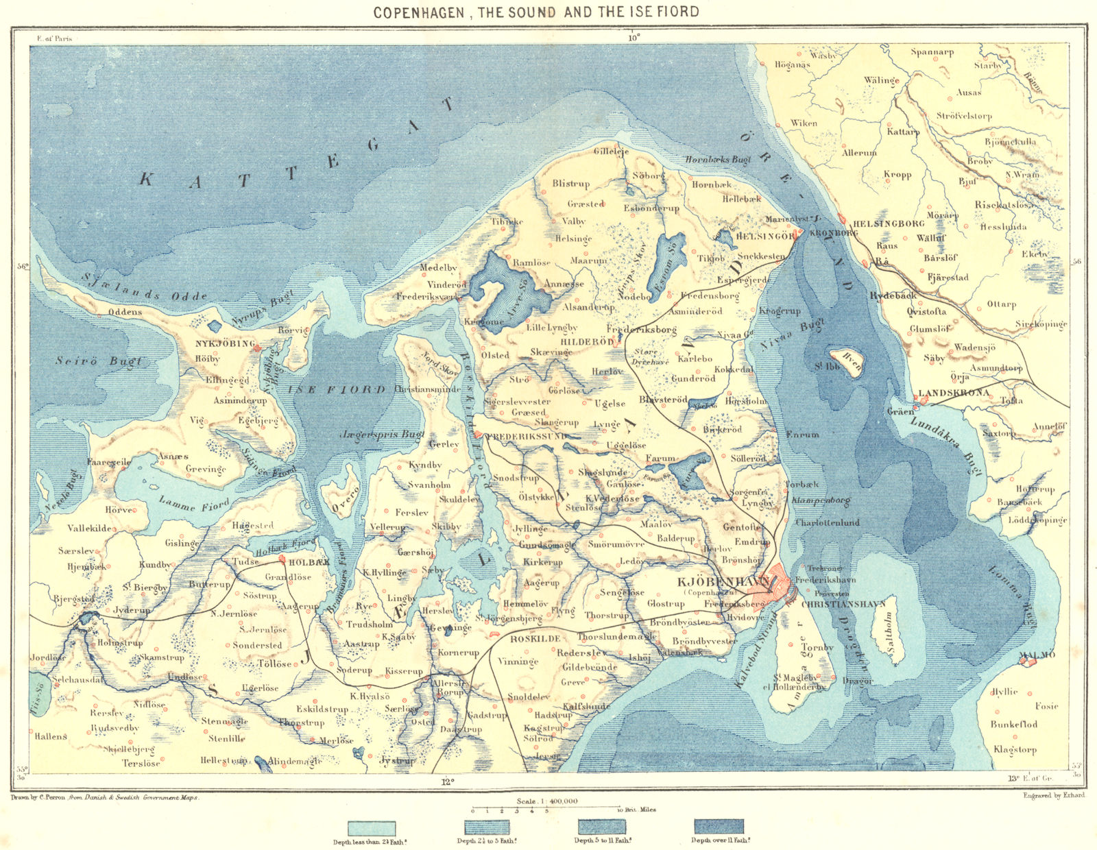 DENMARK. Copenhagen, Sound & Ise Fiord c1885 old antique map plan chart