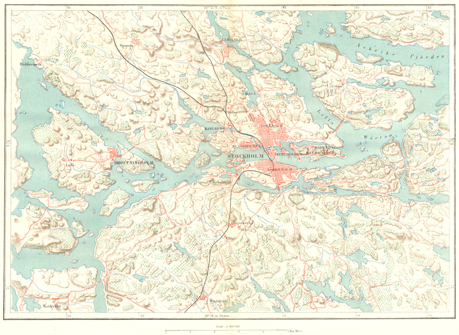 SWEDEN. Stockholm & area c1885 old antique vintage map plan chart