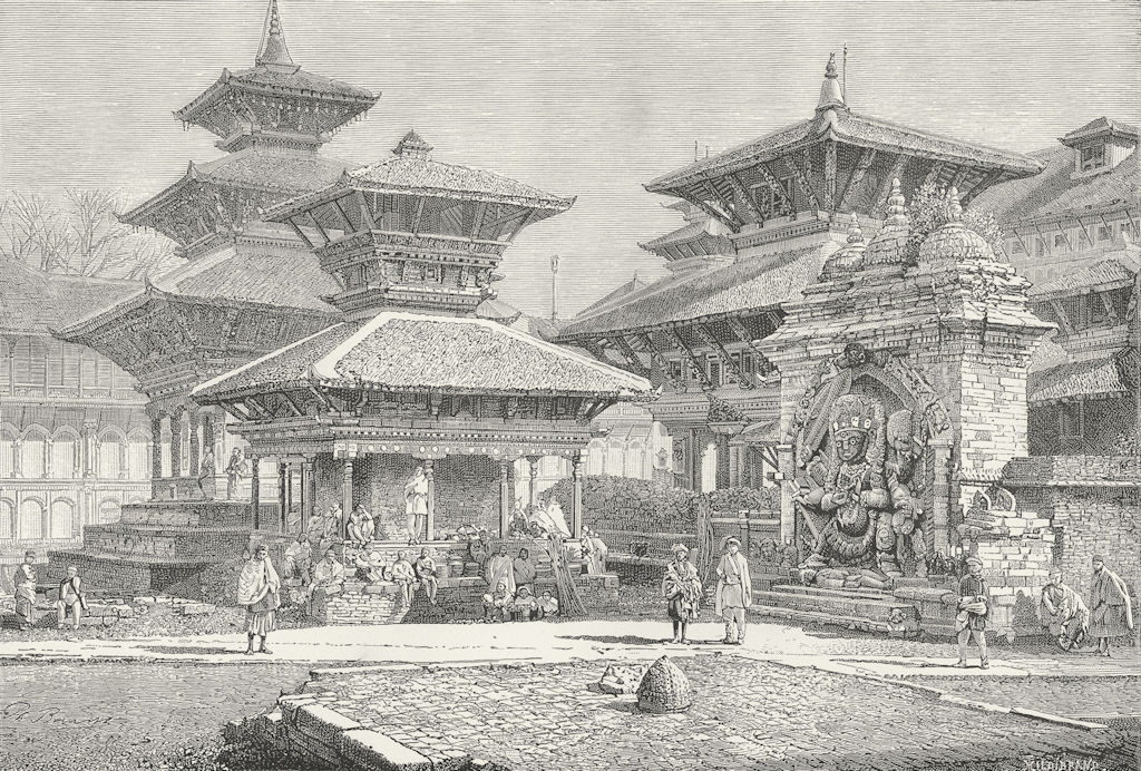 Associate Product NEPAL. Kathmandu-Temples facing Royal palace c1885 old antique print picture