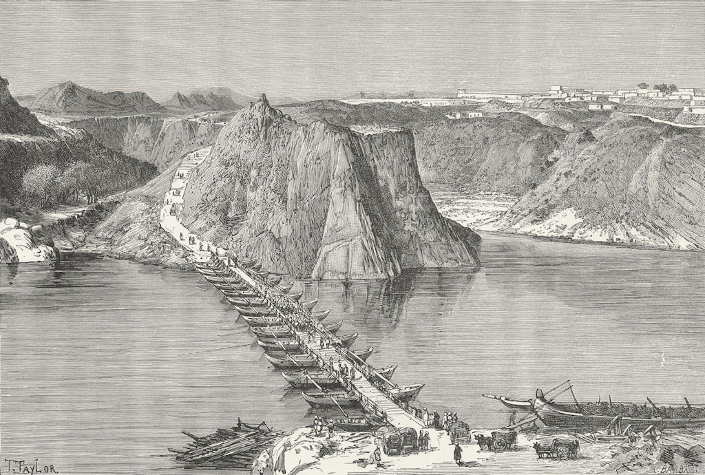 PAKISTAN. Bridge of boats, Indus at Khushal Garh c1885 old antique print