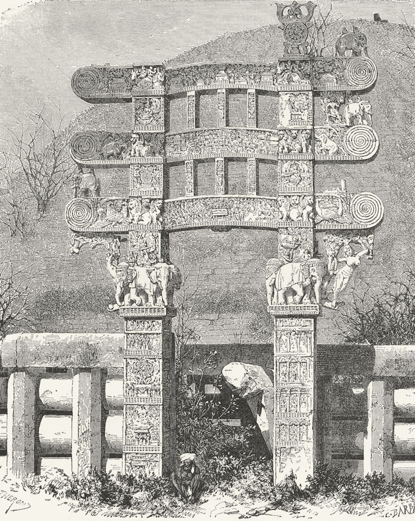 INDIA. East gate of Sanchi Stupa c1885 old antique vintage print picture