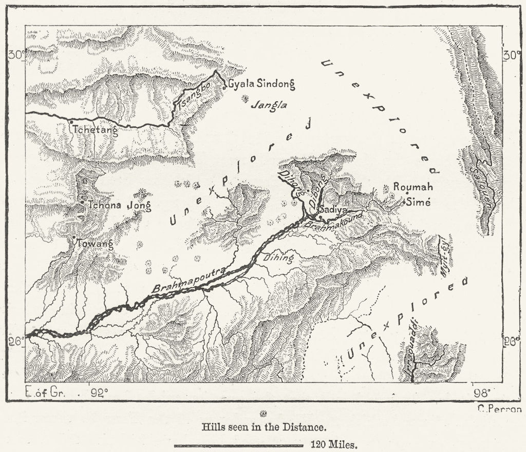 ASSAM. Unexplored Upper Brahmaputra, sketch map c1885 old antique chart