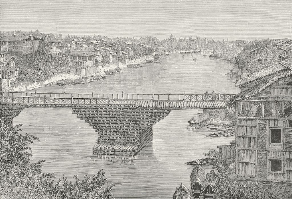 INDIA. Srinagar bridge, Jhelum c1885 old antique vintage print picture