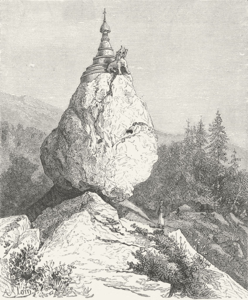 BURMA. Boulder surmounted, a Pagoda c1885 old antique vintage print picture