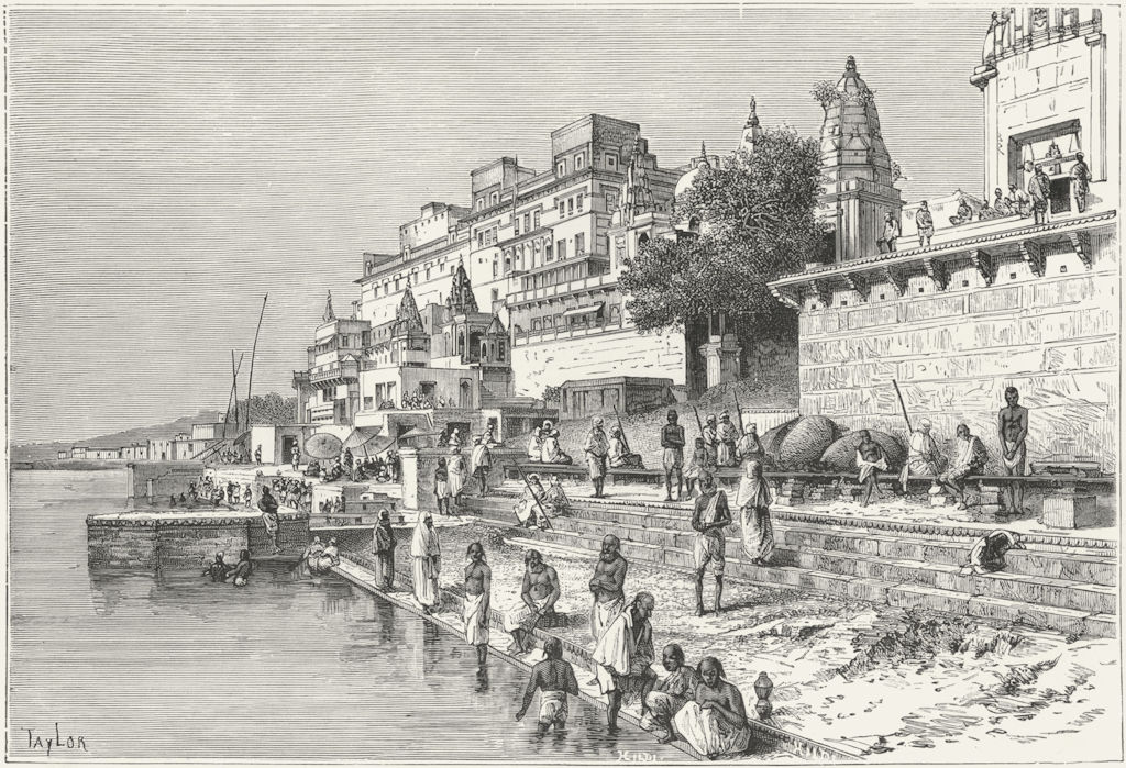 INDIA. Varanasi-view Ghats c1885 old antique vintage print picture