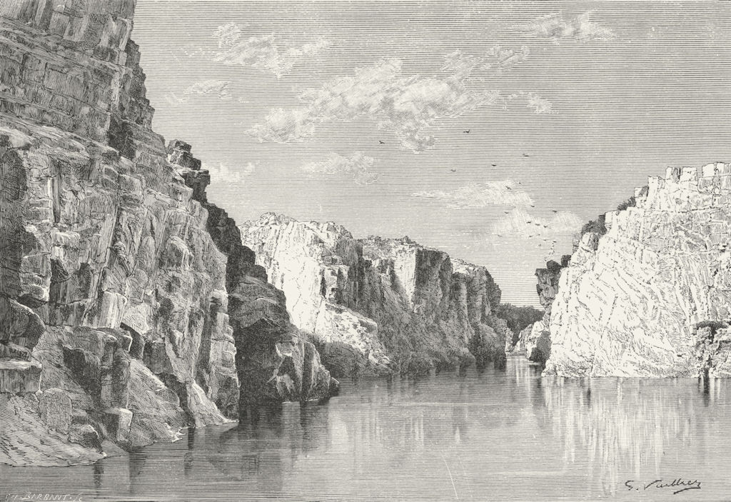 INDIA. Gorge of Marble Rocks, Upper Narmada c1885 old antique print picture