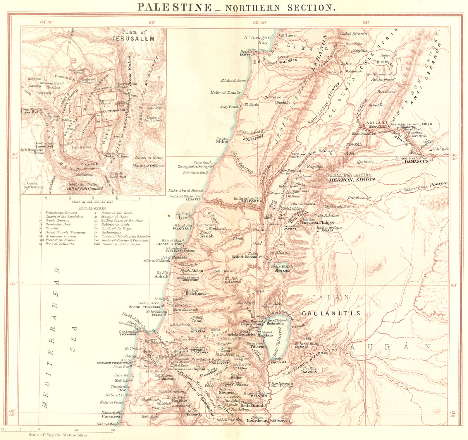 ISRAEL. Palestine-North; Jerusalem; Lebanon c1885 old antique map plan chart