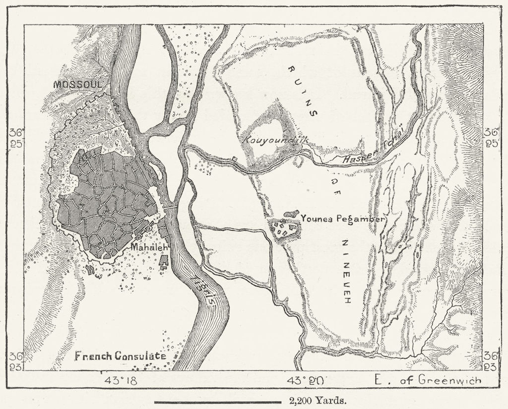 IRAQ. Mosul & Niniveh, sketch map c1885 old antique vintage plan chart