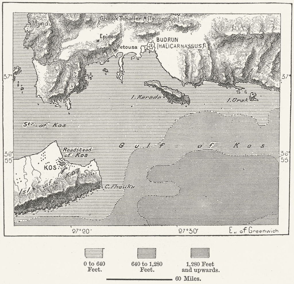 GREECE. Budrun & Kos, sketch map c1885 old antique vintage plan chart