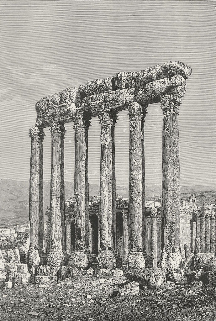 LEBANON. Baalbek-ruins, 2 temples c1885 old antique vintage print picture