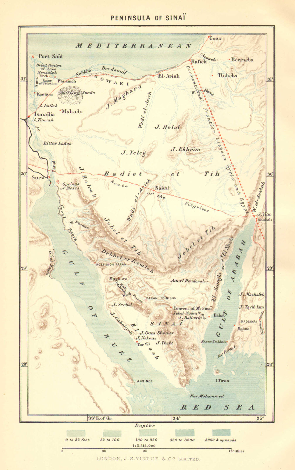 EGYPT. Peninsula of Sinai c1885 old antique vintage map plan chart