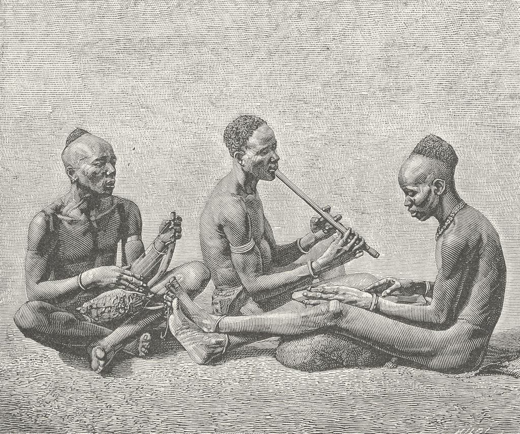 SUDAN. Shuli Musicians c1885 old antique vintage print picture
