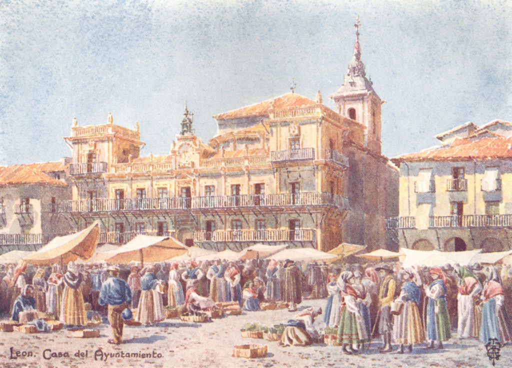 SPAIN. Leon. market & Casa del Ayuntamiento 1906 old antique print picture