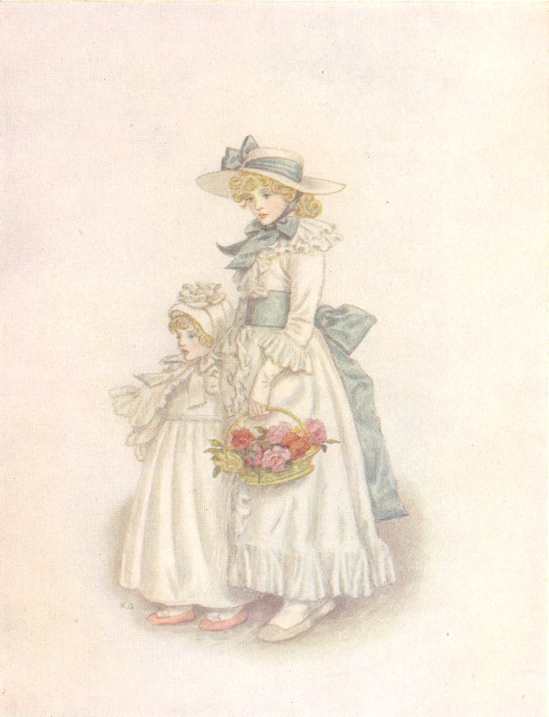 GREENAWAY. Sisters Girl blue sash basket rose, baby 1905 old antique print