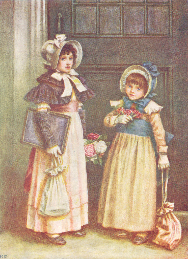 KATE GREENAWAY. 2 girls going to School 1905 old antique vintage print picture