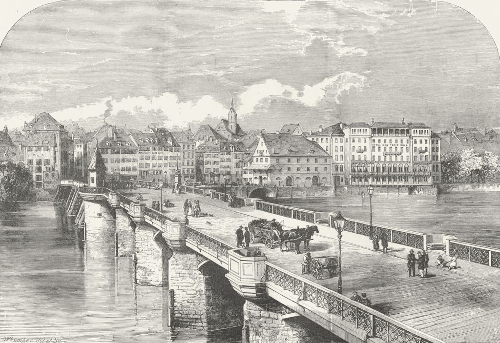 SWITZERLAND. Bale, bridge 1891 old antique vintage print picture