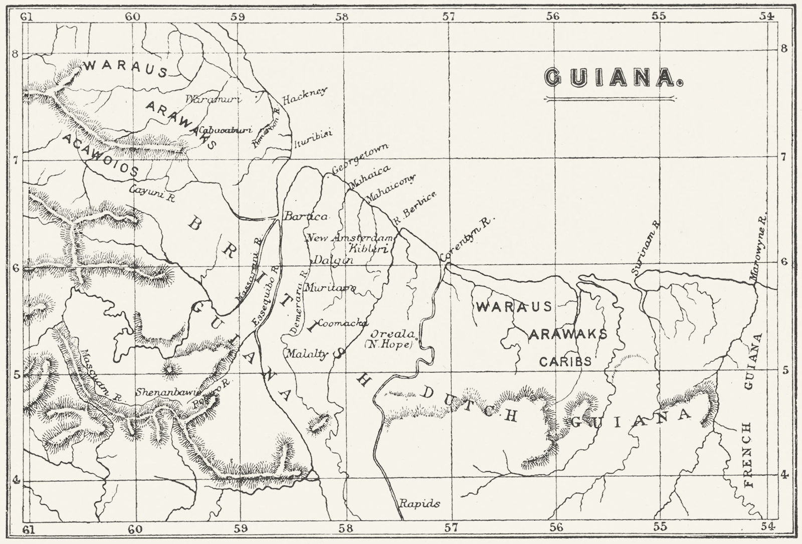 GUYANA. Tribes tribal. Arawaks Waraus Caribs Acawoios 1897 old antique map