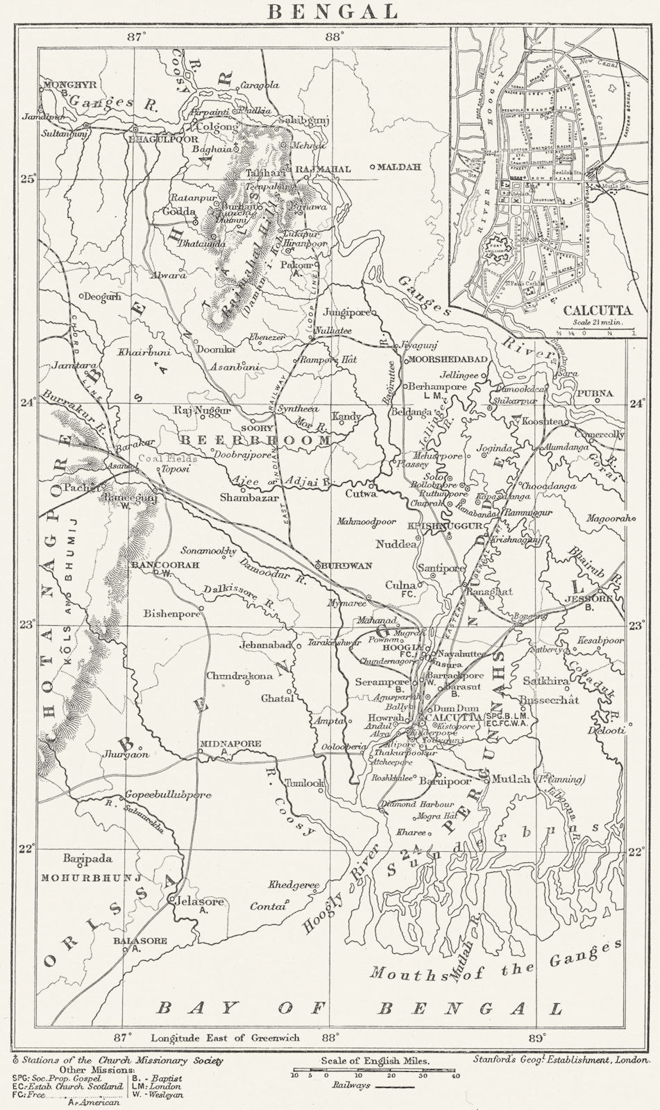 Associate Product BENGAL. Anglican Protestant Church Mission stations.Inset Culcutta 1897 map
