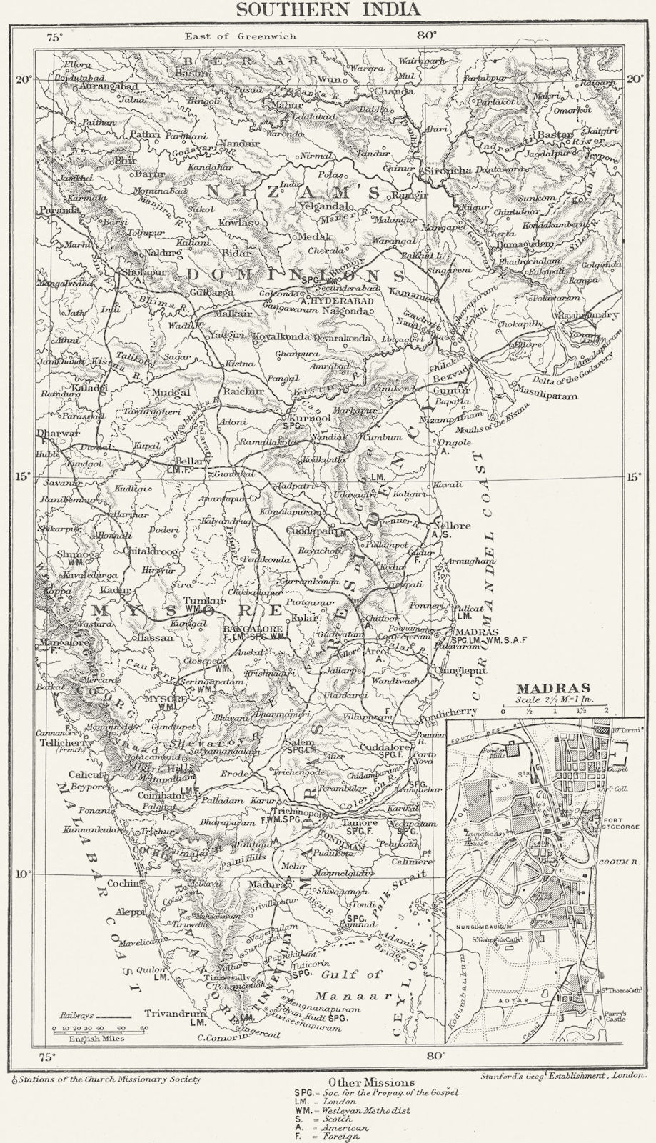 SOUTH INDIA. Protestant Anglican Church Missionary stations. Madras 1897 map